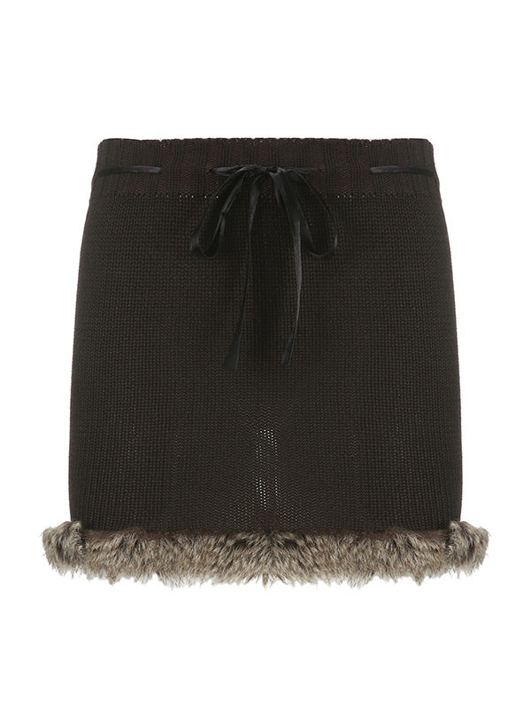 Sixsr Faux Fur Trim Knitted Mini Skirt
