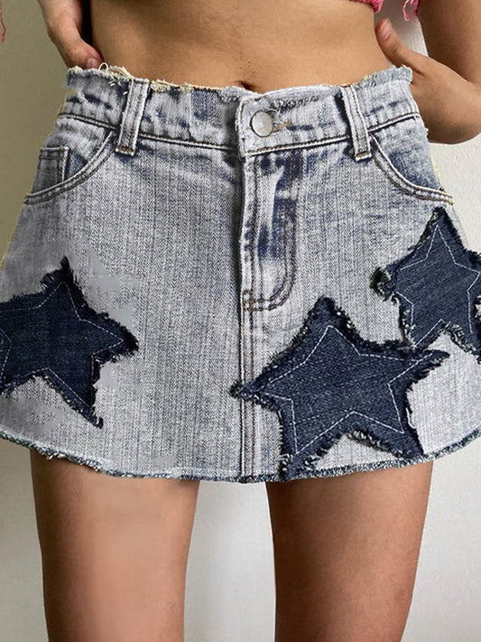 Sixsr Star Patch Distressed Denim Mini Skirt