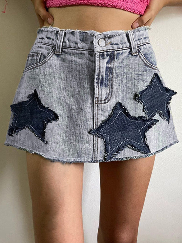 Sixsr Star Patch Distressed Denim Mini Skirt