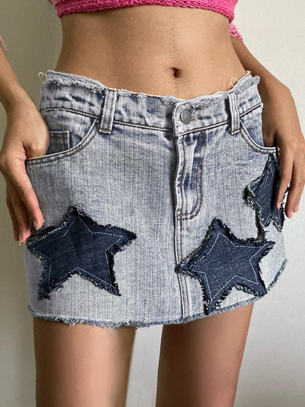 Sixsr Star Patch Distressed Denim Mini Skirt