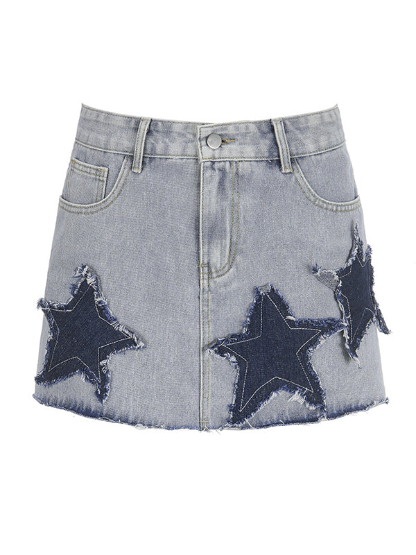 Sixsr Star Patch Distressed Denim Mini Skirt