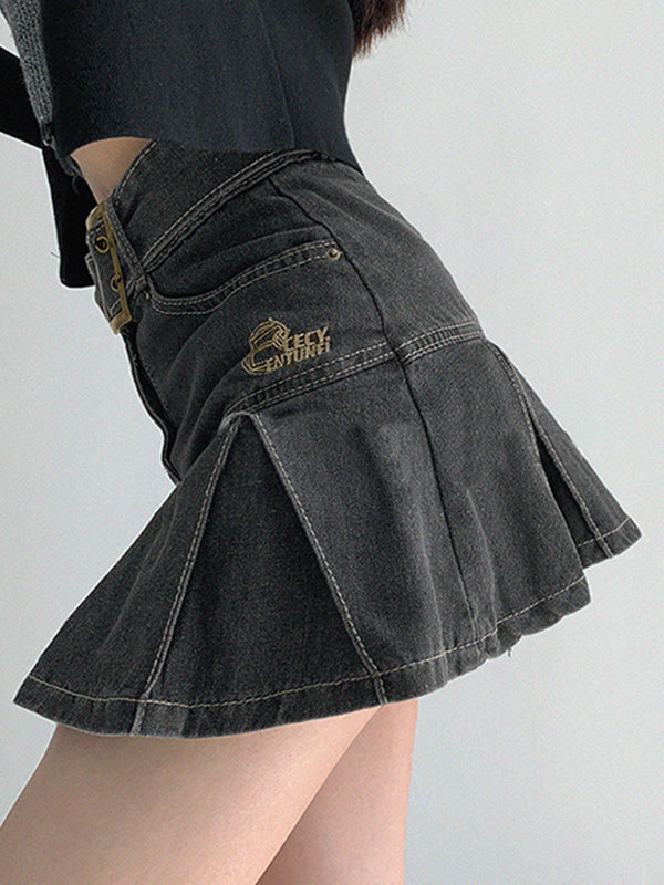 Sixsr Buckle Belt Pleated Denim Mini Skirt