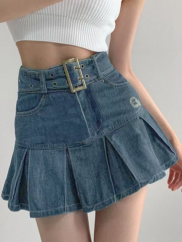 Sixsr Buckle Belt Pleated Denim Mini Skirt