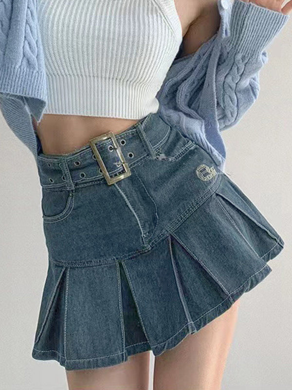 Sixsr Buckle Belt Pleated Denim Mini Skirt