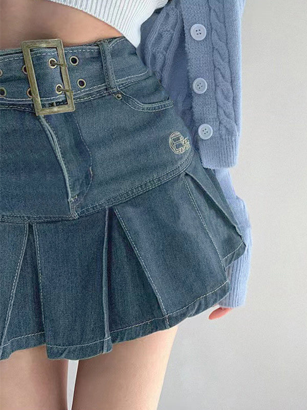 Sixsr Buckle Belt Pleated Denim Mini Skirt