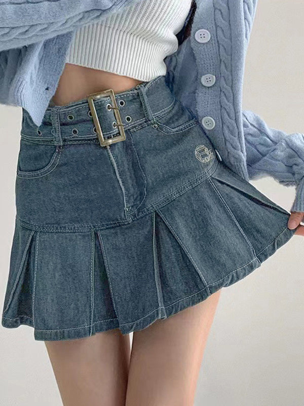 Sixsr Buckle Belt Pleated Denim Mini Skirt