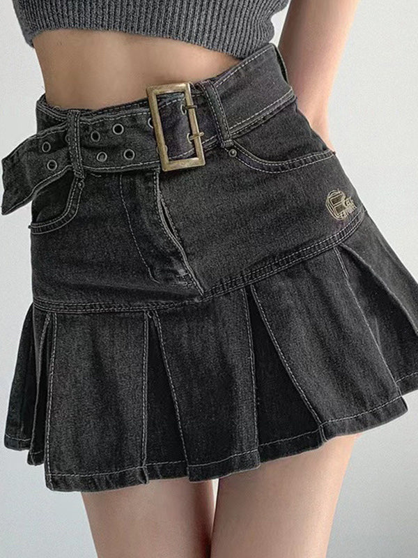 Sixsr Buckle Belt Pleated Denim Mini Skirt