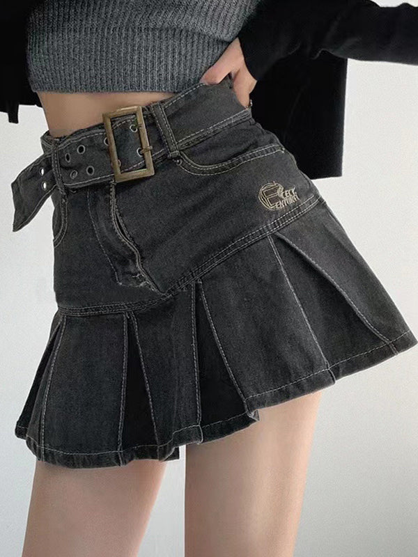 Sixsr Buckle Belt Pleated Denim Mini Skirt