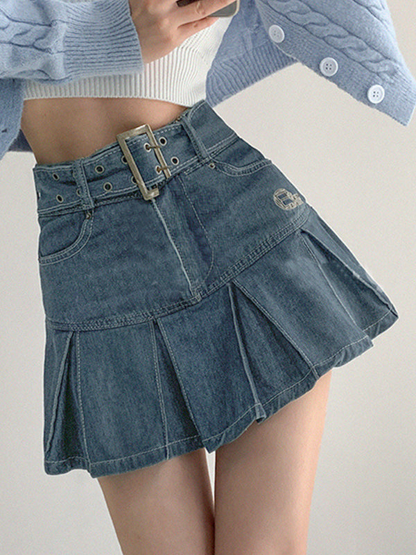 Sixsr Buckle Belt Pleated Denim Mini Skirt