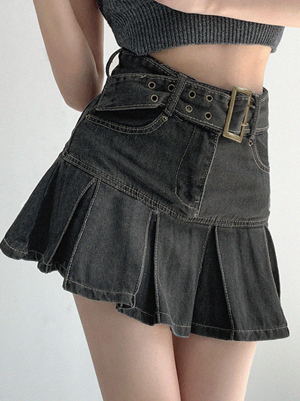 Sixsr Buckle Belt Pleated Denim Mini Skirt