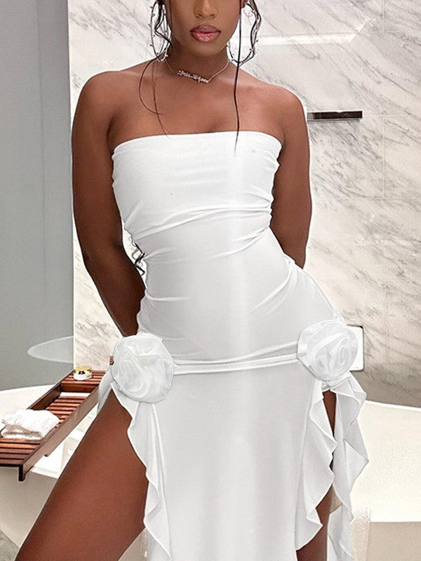 Sixsr Split Ruffle Mesh Bandeau Maxi Dress