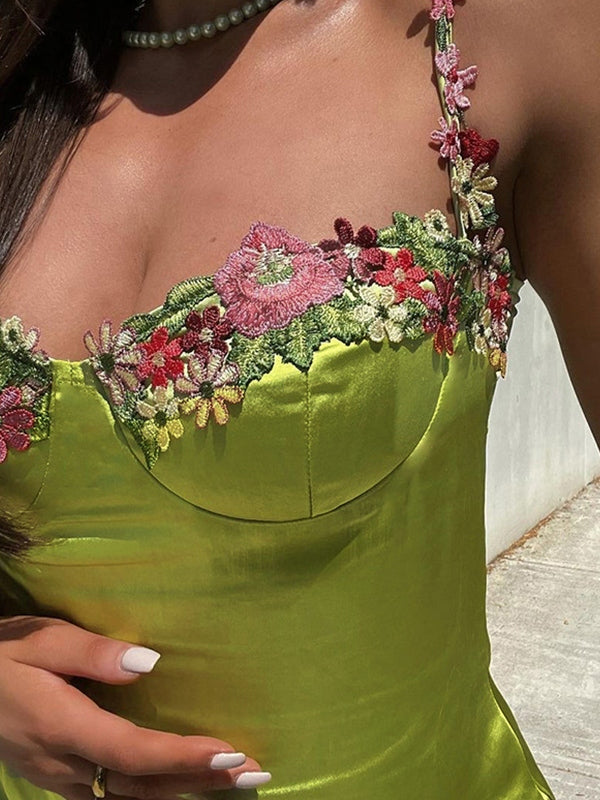 Sixsr Embroidered Floral Green Satin Mini Dress