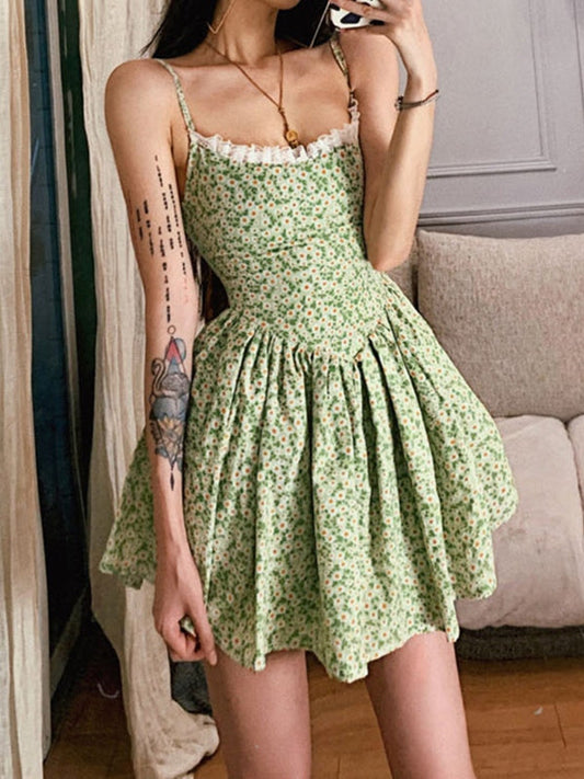 Sixsr Tie Back Floral Green Mini Dress