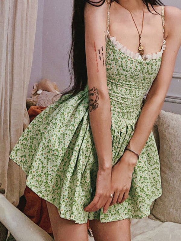 Sixsr Tie Back Floral Green Mini Dress