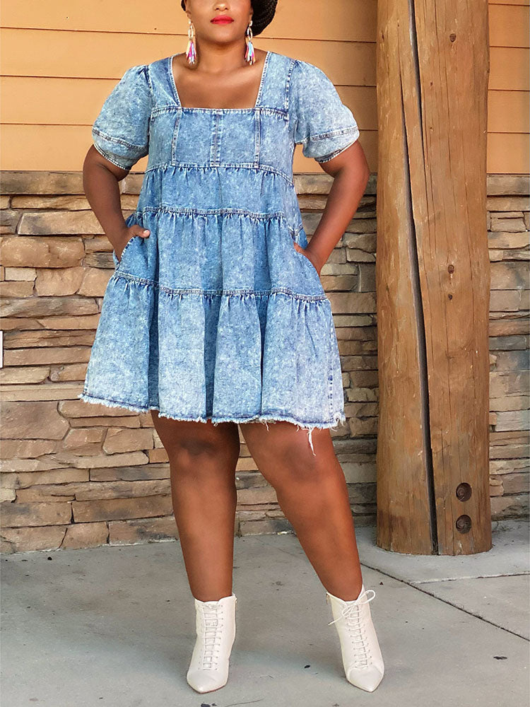 Sixsr Denim Puff Sleeve Mini Dress