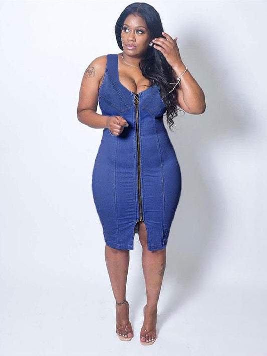 Sixsr Sleeveless Zipper Slim Denim Dress