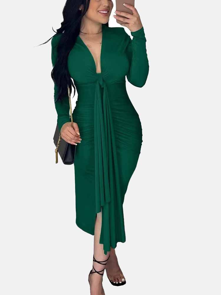 Sixsr V Neck Tie Front Ruched Dress