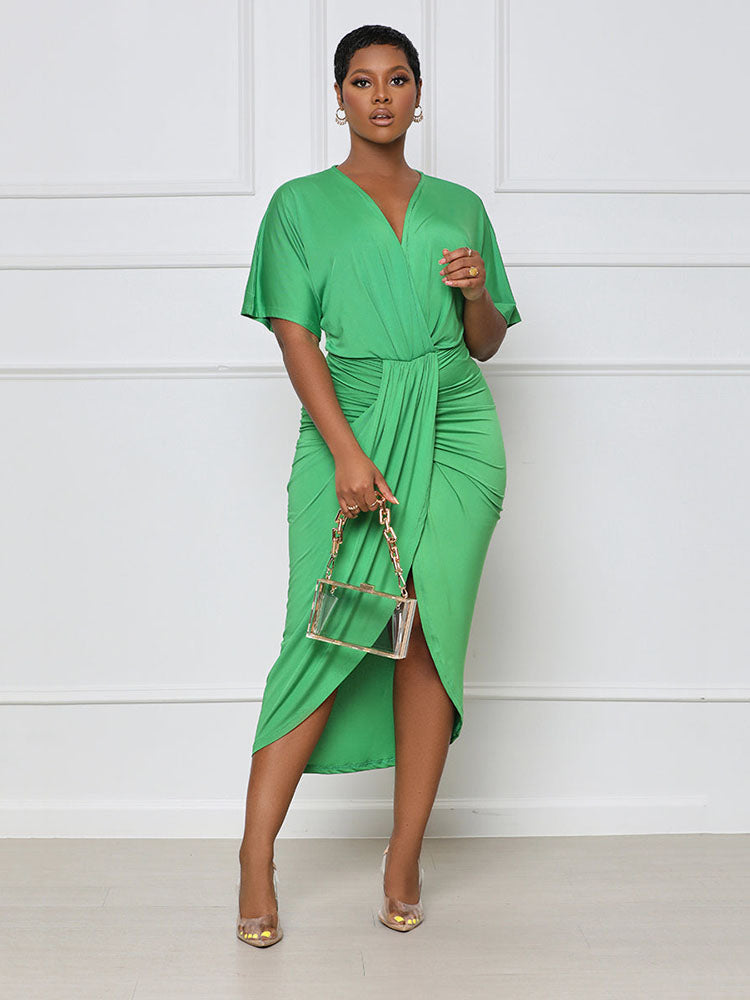 Sixsr V Neck Ruched Midi Dress