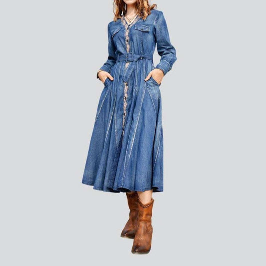 Sixsr Indian style embroidered denim dress