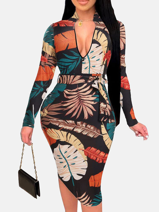 Sixsr Zipper Print Pencil Midi Dress