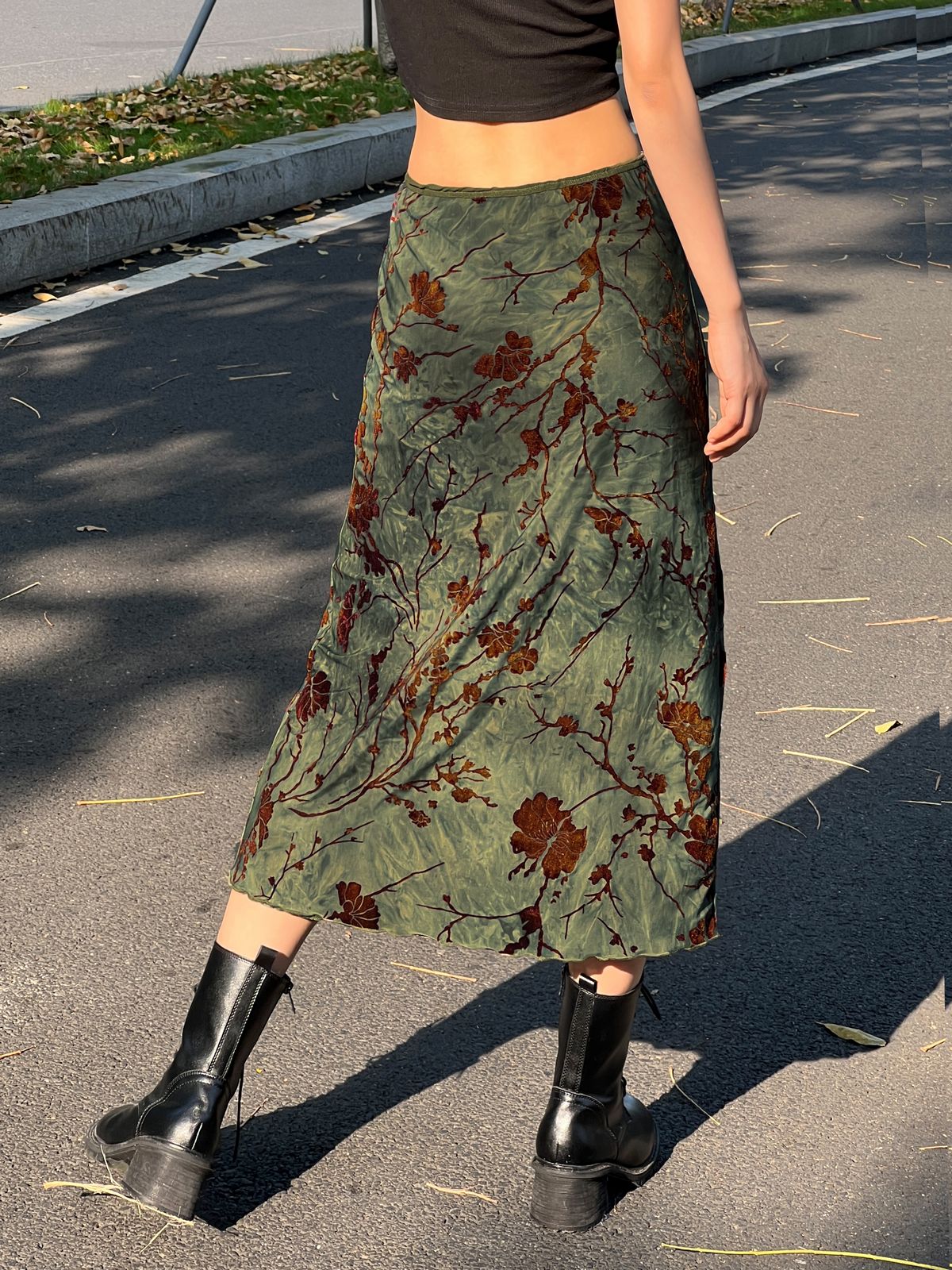 Sixsr Mesh Lining Vintage Floral Midi Skirt