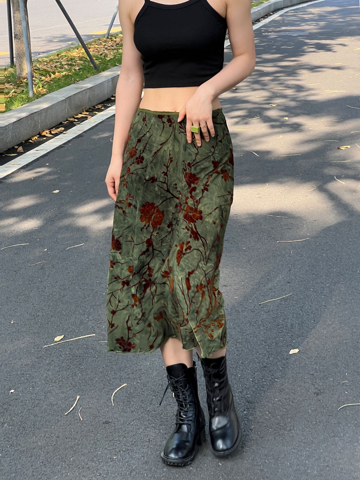 Sixsr Mesh Lining Vintage Floral Midi Skirt