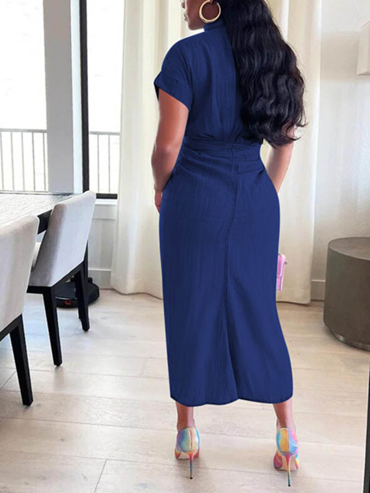 Sixsr Front Tie Denim Ruched Midi Dresses