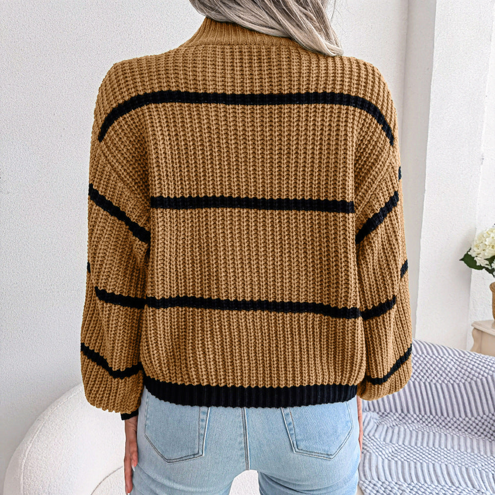 swvws Striped High Neck Rib-Knit Lantern Sleeve Sweater