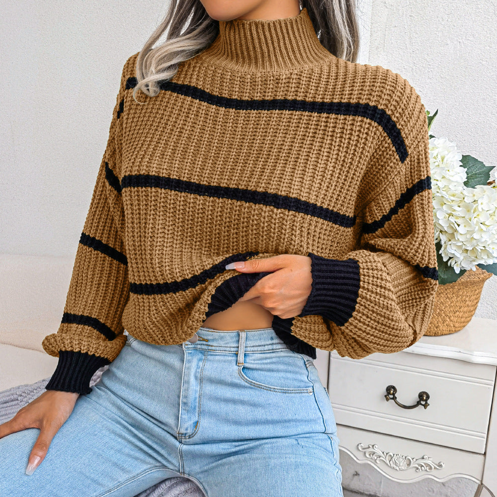 swvws Striped High Neck Rib-Knit Lantern Sleeve Sweater