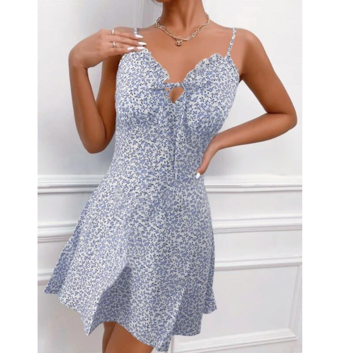 Sixsr Irregular Floral Halter Mini Dress