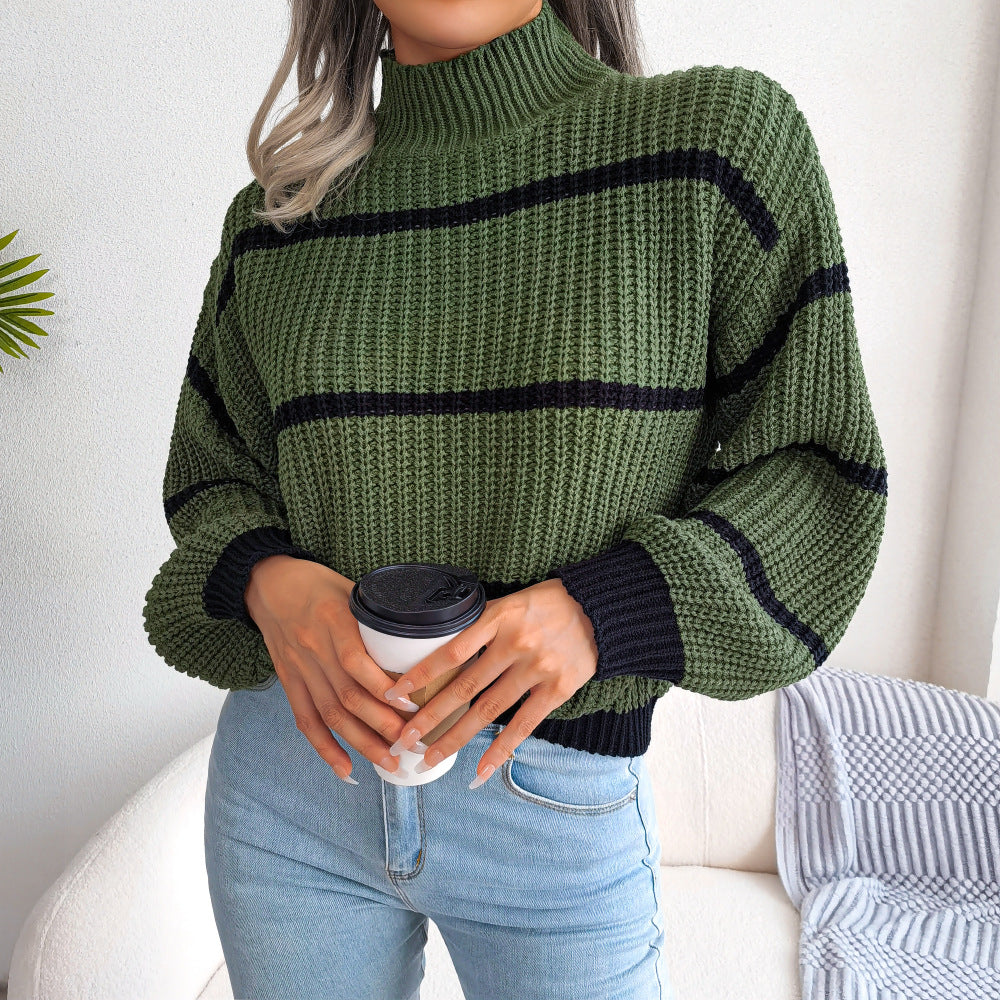 swvws Striped High Neck Rib-Knit Lantern Sleeve Sweater