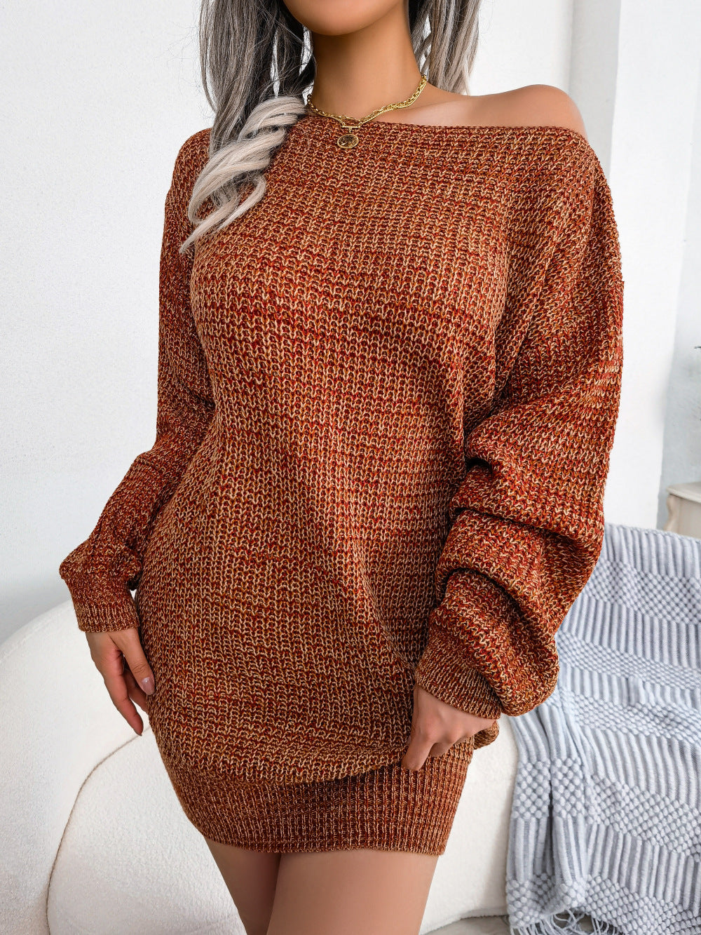 swvws Heathered Boat Neck Lantern Sleeve Sweater Dress