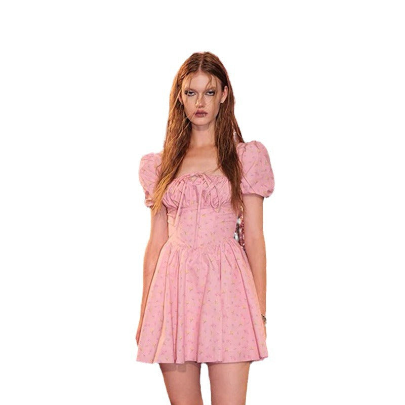 Sixsr Sweet Style Frilled Tiered Ruffle Floral Printed Mini Dress - Pink