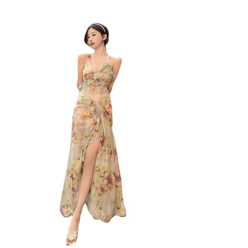 Sixsr Vintage Print Halter Neck Fishtail Trim Sleeveless Maxi Dress - Apricot