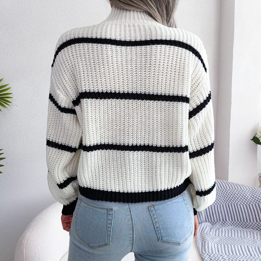 swvws Striped High Neck Rib-Knit Lantern Sleeve Sweater