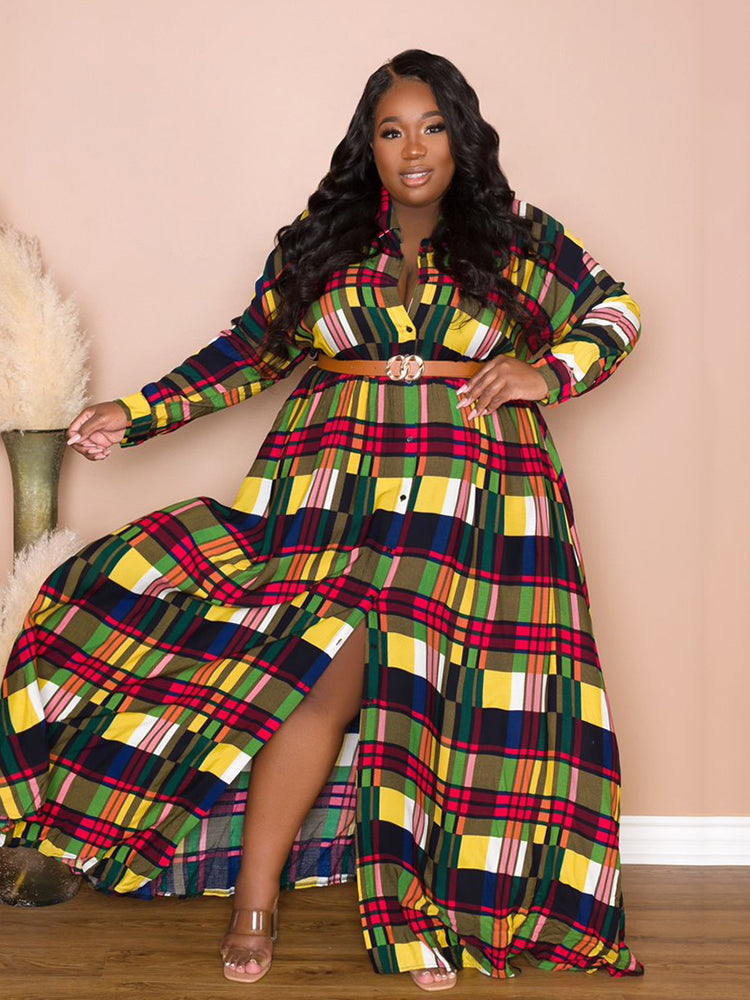 Sixsr Plaid Belted Maxi Shirtdress