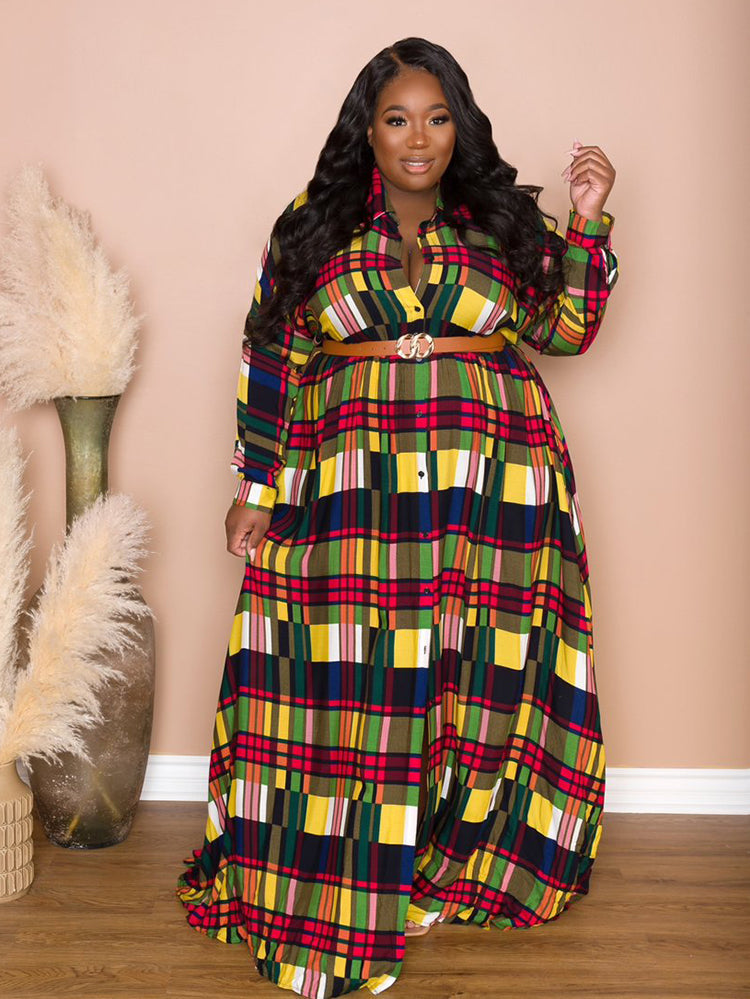 Sixsr Plaid Belted Maxi Shirtdress