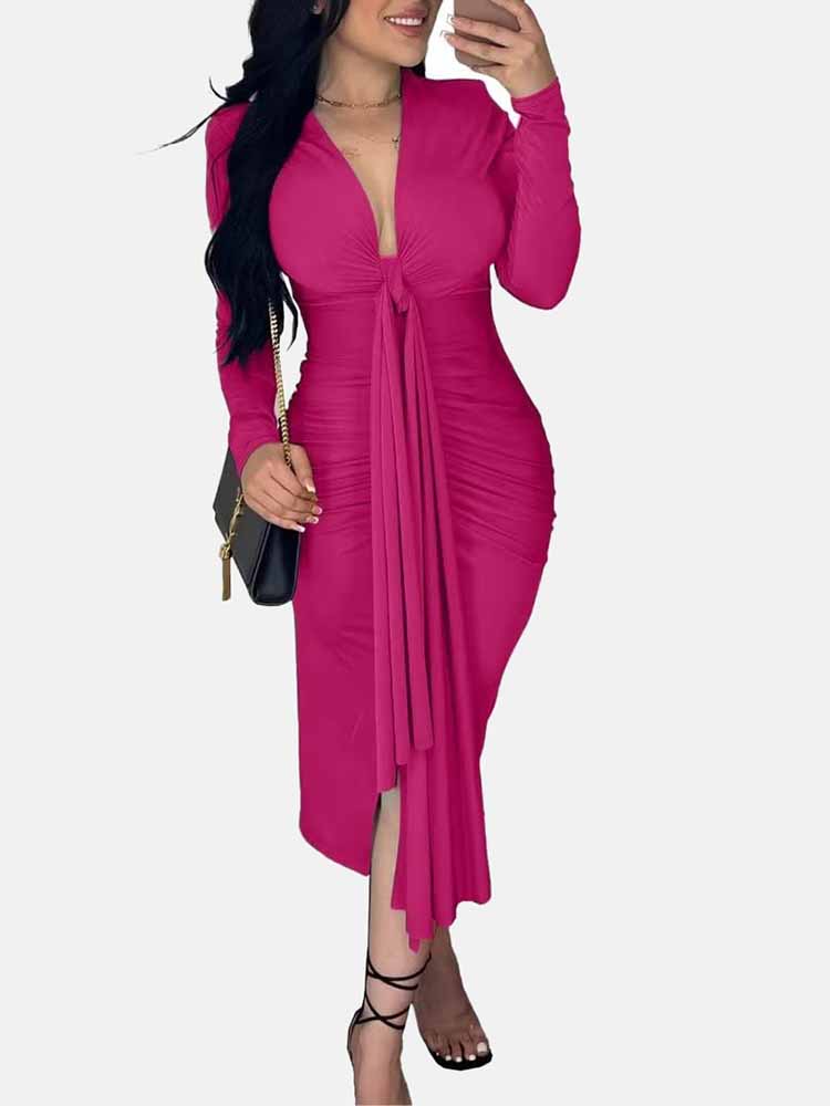 Sixsr V Neck Tie Front Ruched Dress