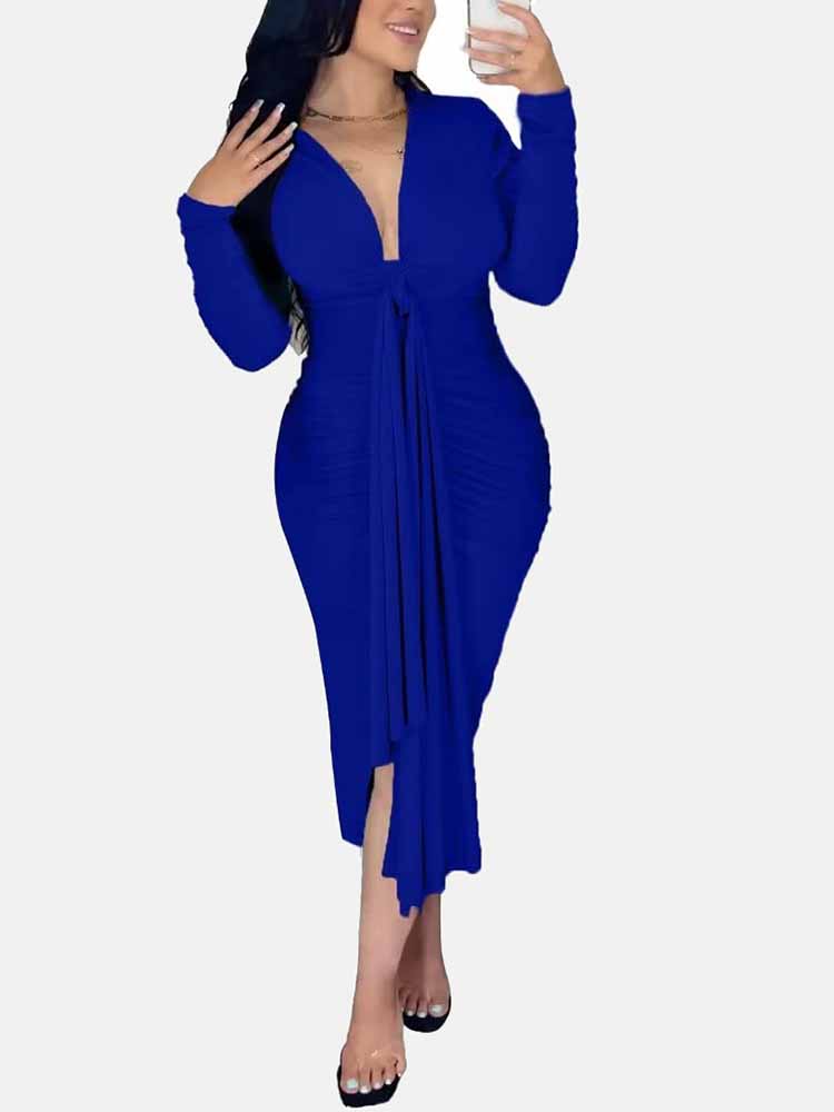 Sixsr V Neck Tie Front Ruched Dress