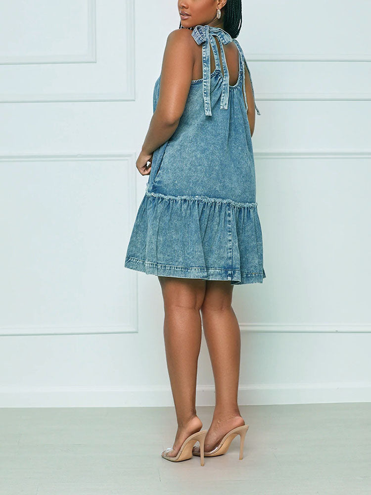 Sixsr Flounce Spaghetti Strap Loose Denim Dresses