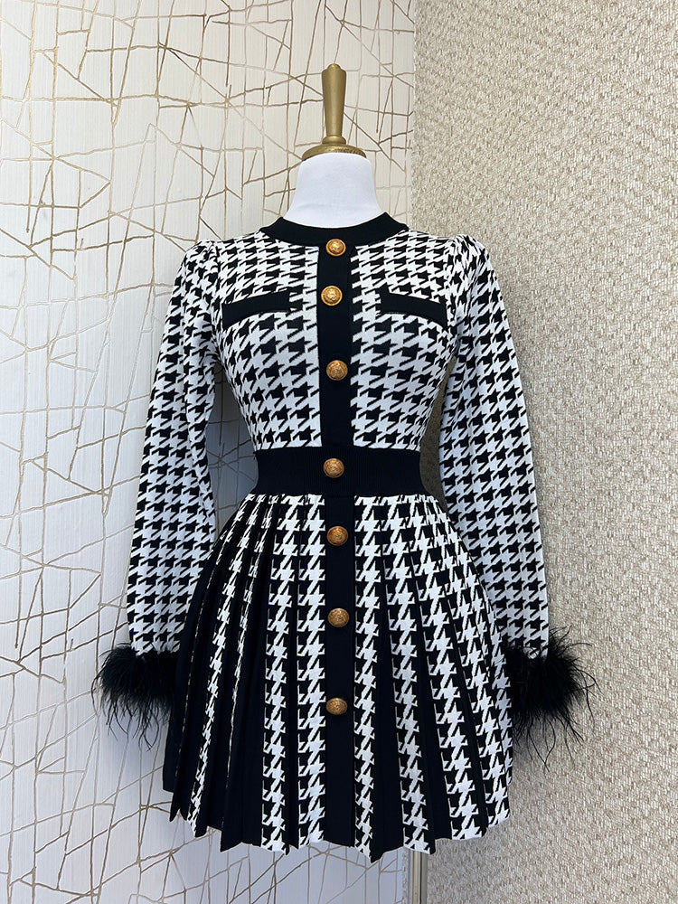 Sixsr Houndstooth Button Front Pleated Dress