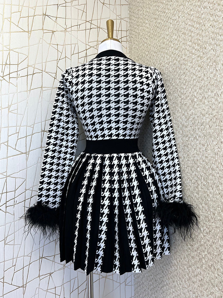 Sixsr Houndstooth Button Front Pleated Dress