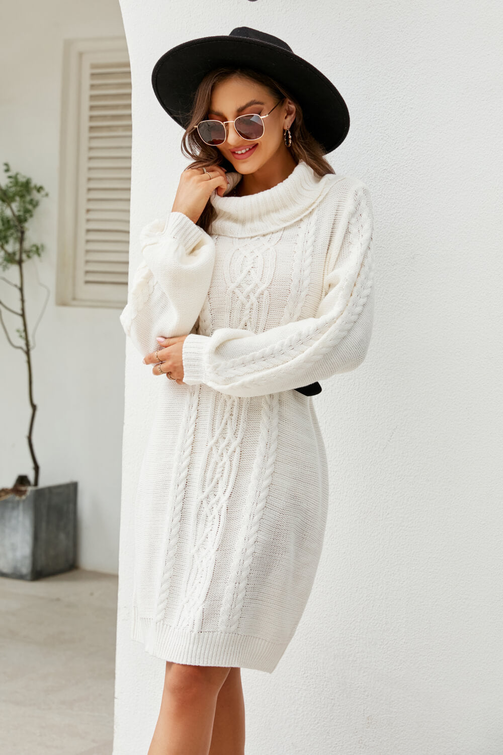 swvws Mixed Knit Turtleneck Lantern Sleeve Sweater Dress