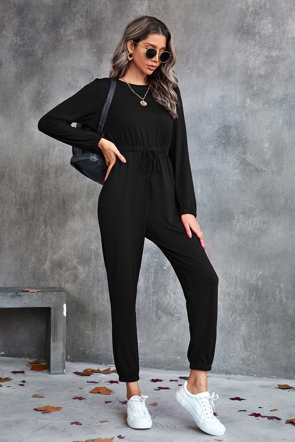 swvws Drawstring Waist Round Neck Long Sleeve Jumpsuit