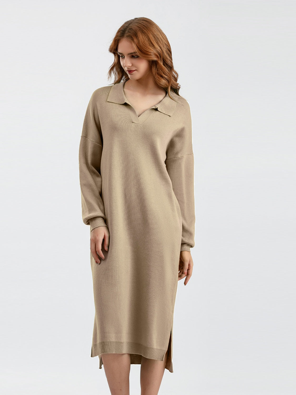 swvws Johnny Collar Long Sleeve Slit Sweater Dress