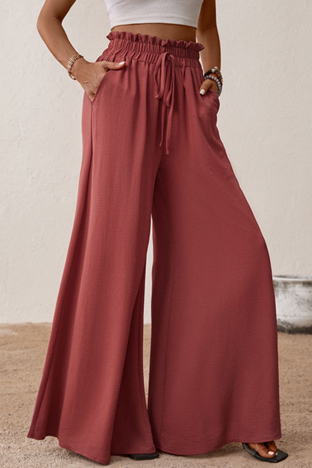 swvws Smocked Paperbag Waist Wide Leg Pants