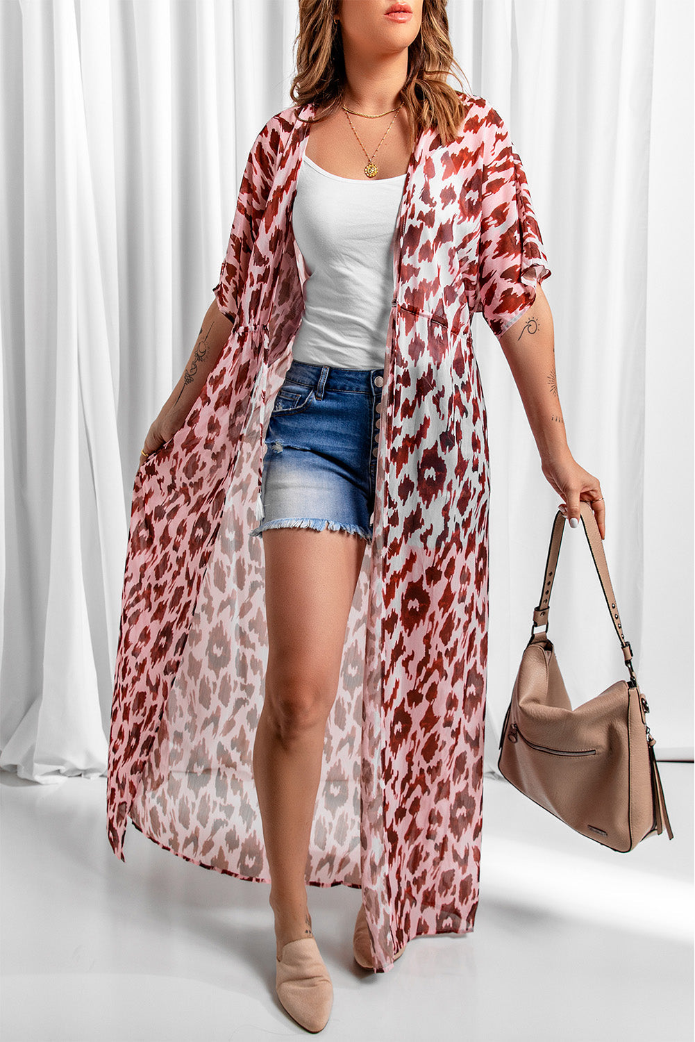 swvws Animal Print Half Sleeve Duster Cardigan