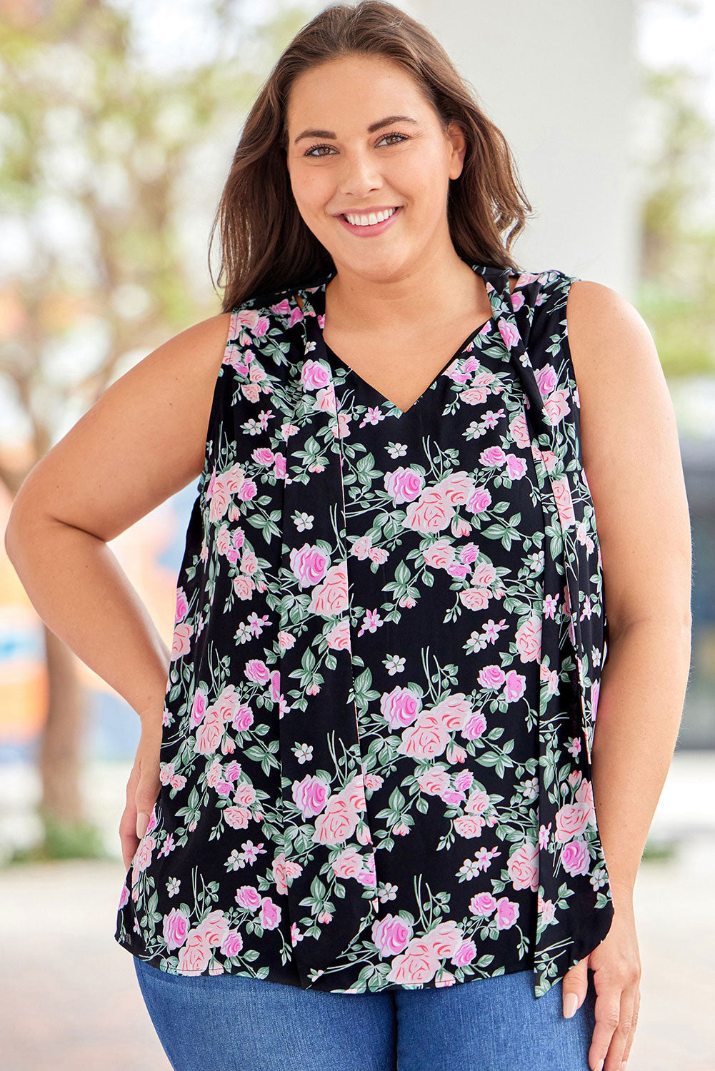 swvws Plus Size Floral Tie Neck Tank