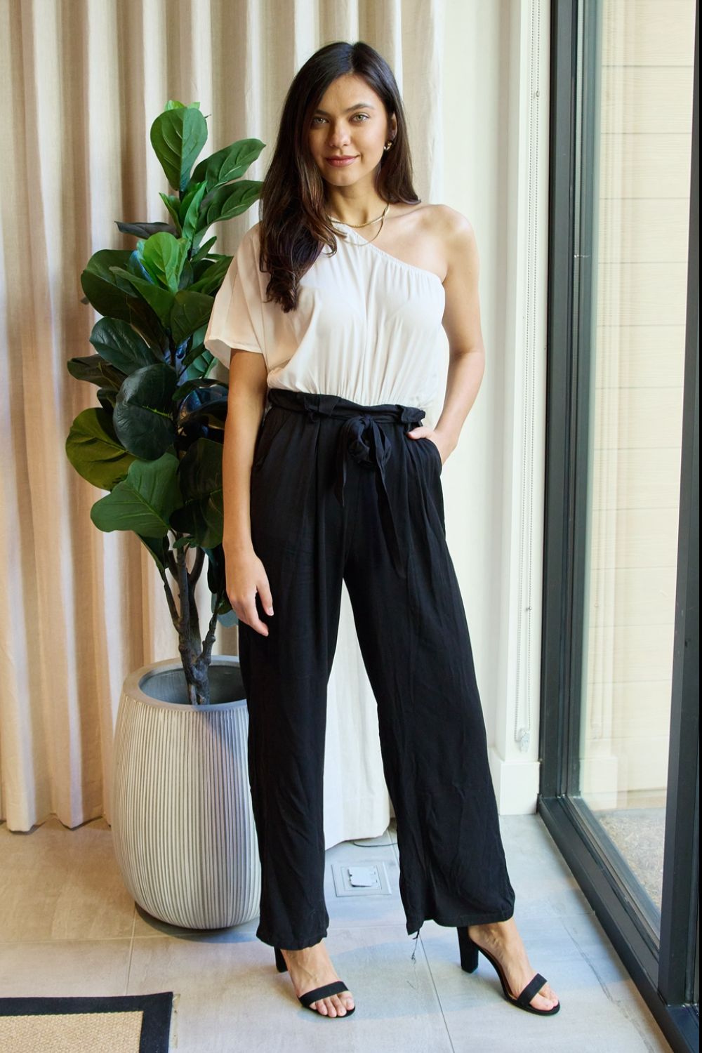 swvws Dress Day Marvelous in Manhattan One-Shoulder Jumpsuit in White/Black