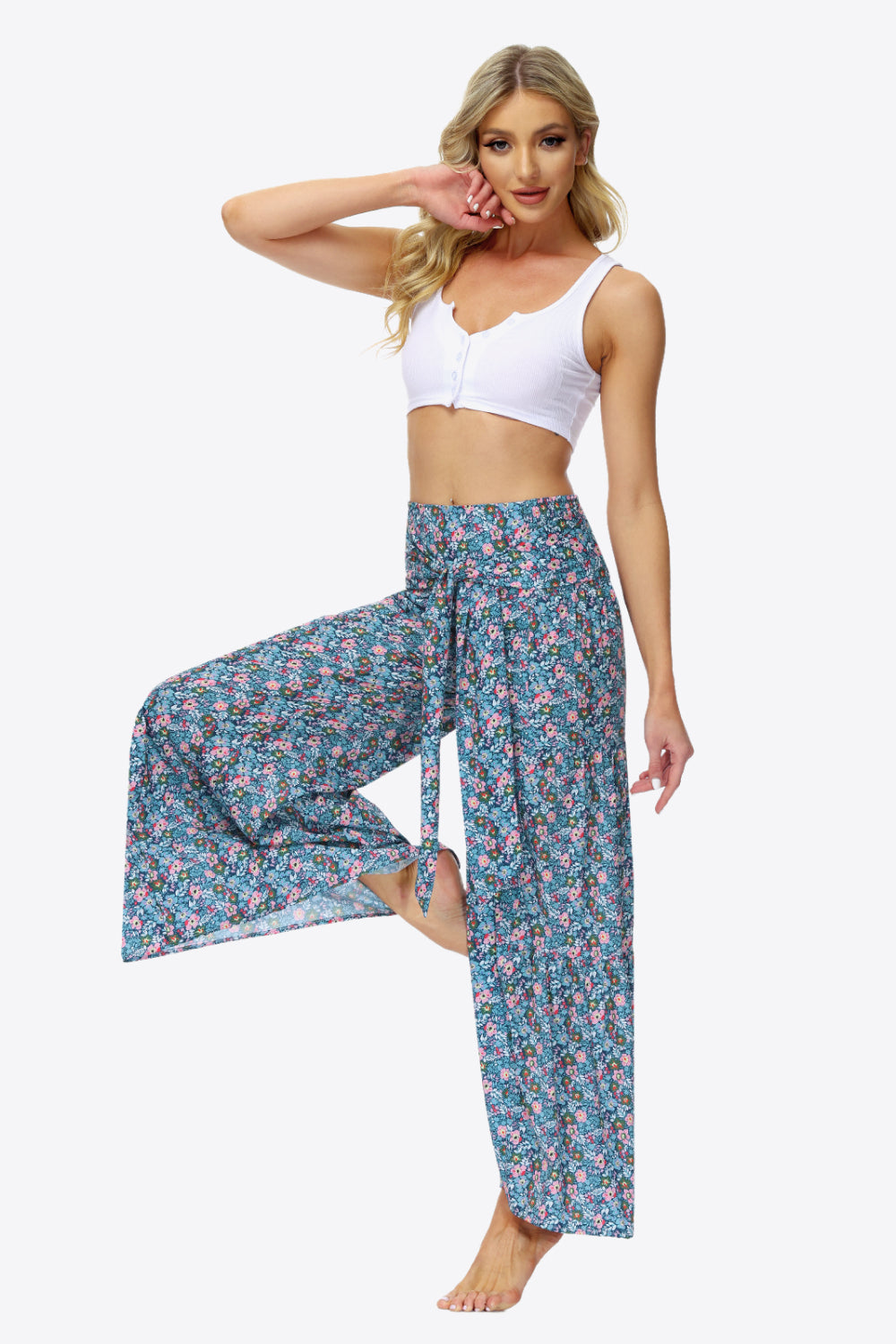 swvws Floral Tie-Waist Tiered Culottes